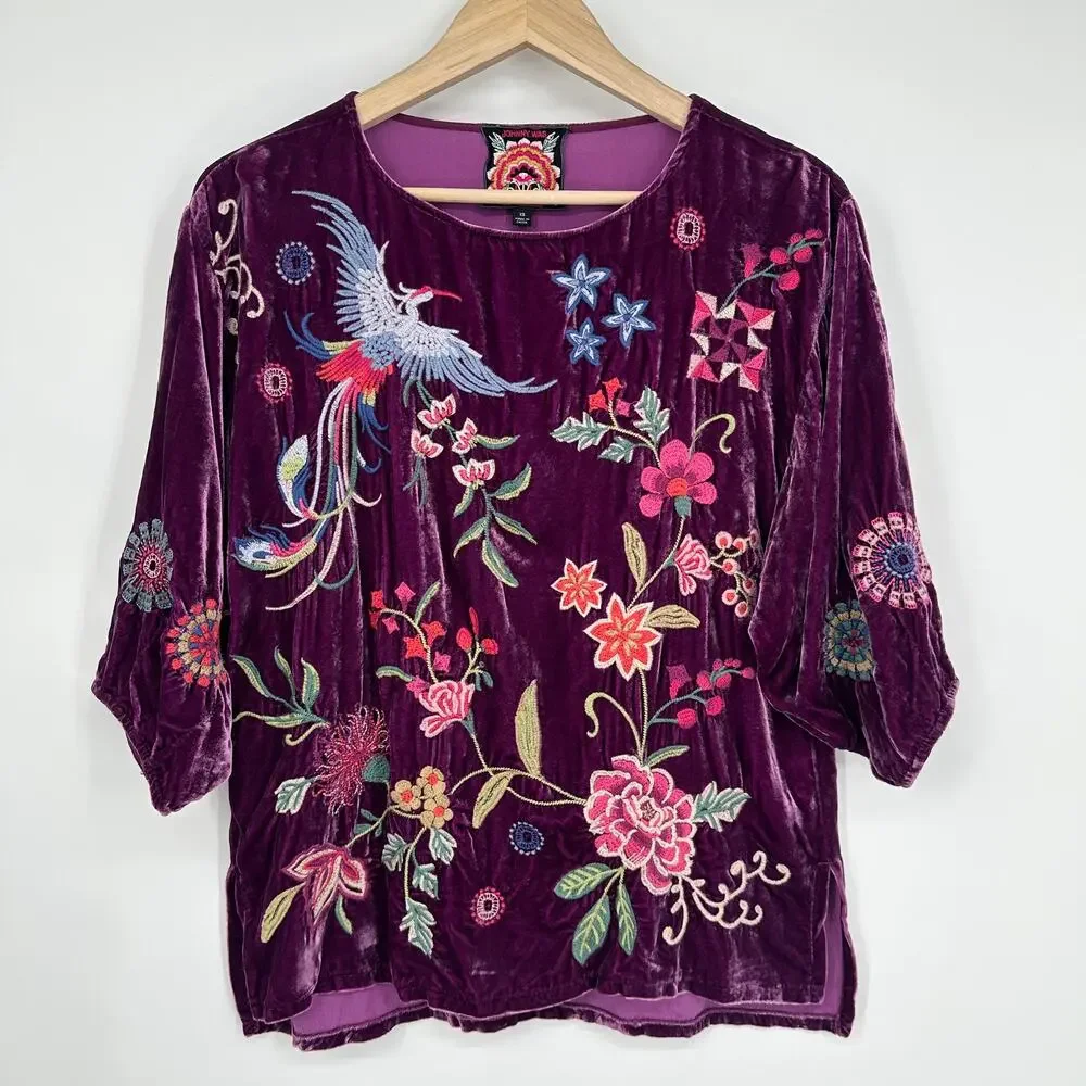 Johnny Was Nikkola Velvet Blousee Embroidered Floral Bird Boho Flowy Top Purple
